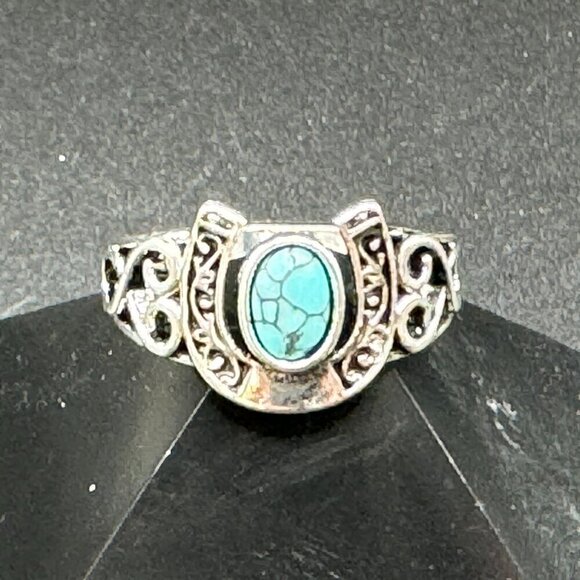 Boho Horseshoe and Faux Turquoise Ring #1370 - Picture 7 of 9